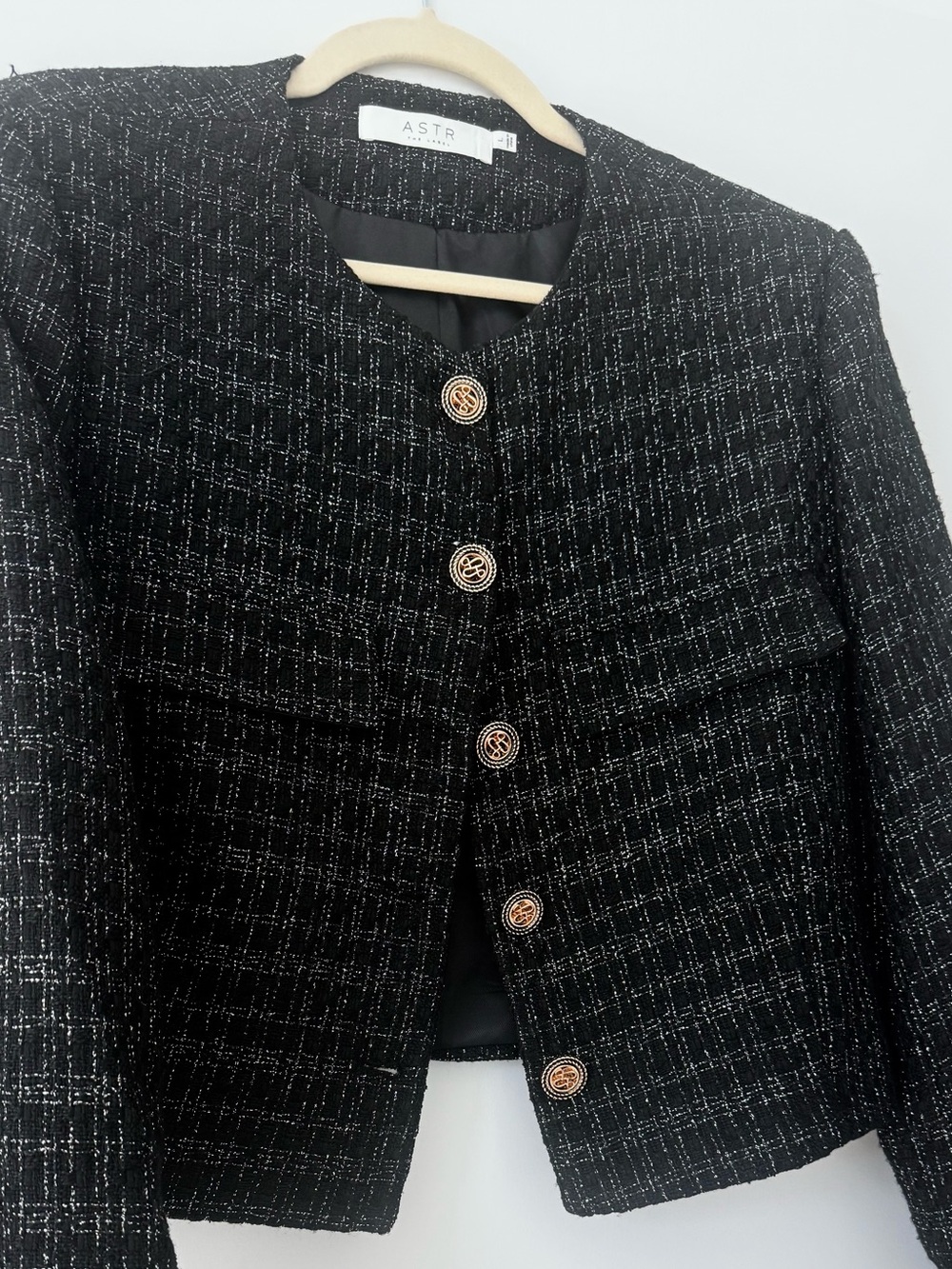 ASTR Black Tweed Cropped Blazer with Gold Buttons